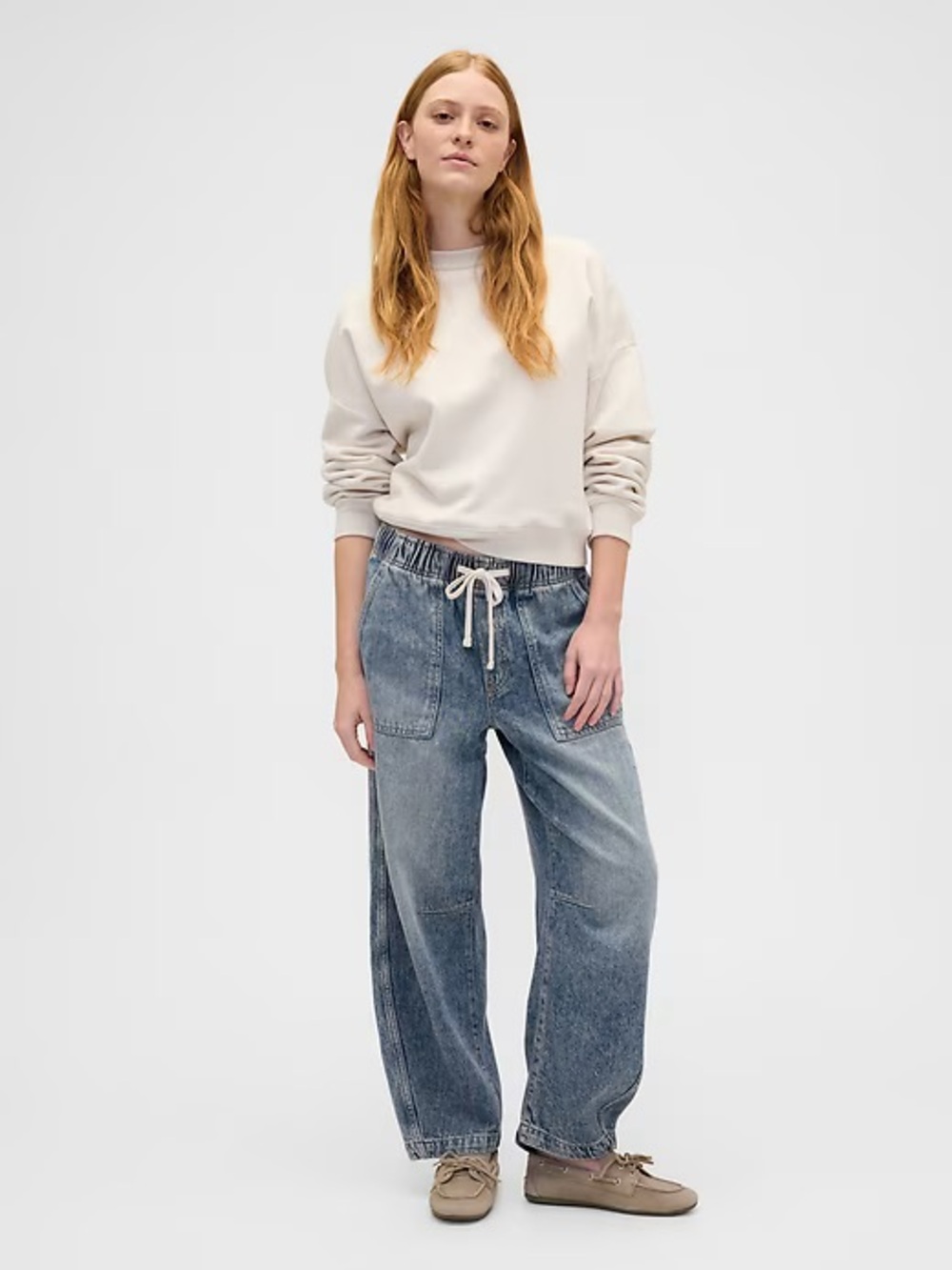 GAP Mid Rise SuperSoft Pull-On Light Blue Washed Barrel Jeans with Drawstring